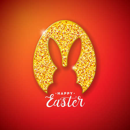 Happy Easter Holiday Design with Rabbit Silhouette in Glittered Egg and Typography Lettering on Red Background. Vector Illustration of International Celebration for Greeting Card, Party Invitation or Promo Bannerのイラスト素材