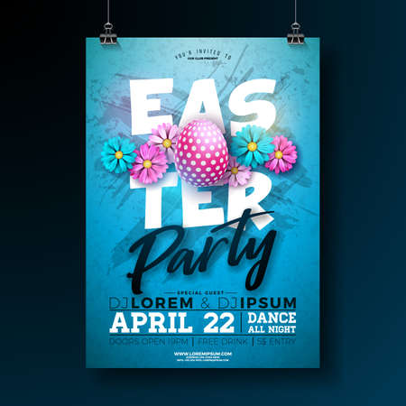 Vector Easter Party Flyer Illustration with painted eggs and flower on blue background. Spring holiday celebration poster design templateのイラスト素材