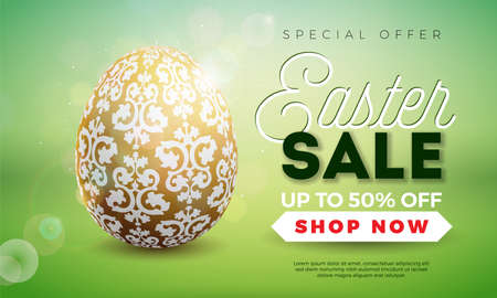 Easter Sale Illustration with Gold Painted Egg on Shiny Green Background. Vector Holiday Design Template for Coupon, Banner, Voucher or Promotional Posterのイラスト素材