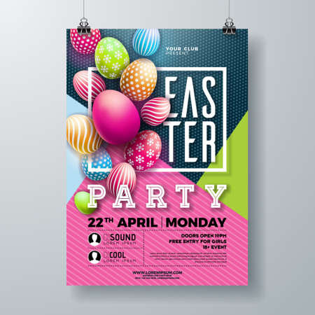 Vector Easter Party Flyer Illustration with painted eggs, spring flower and typography elements on nature blue background. Spring holiday celebration poster design template