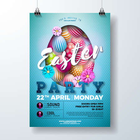 Vector Easter Party Flyer Illustration with painted eggs, spring flower and typography elements on light blue background. Spring holiday celebration poster design templateのイラスト素材