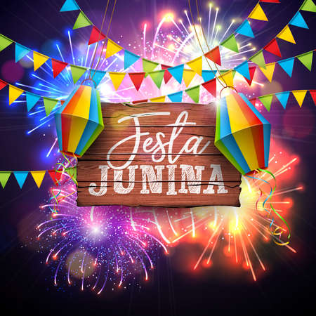 Festa Junina Illustration with Flags and Paper Lantern on Firework Background. Vector Brazil June...