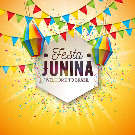 Festa Junina Illustration with Party Flags and Paper Lantern on Yellow Background. Vector Brazil...