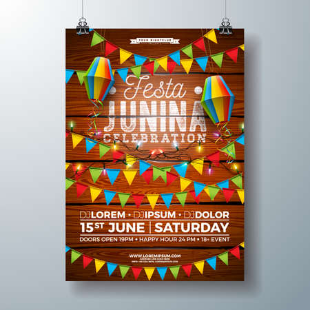 Festa Junina Party Flyer Design with Flags, Paper Lantern and Typography Design on Vintage Wood Background. Vector Traditional Brazil June Festival Illustration for Invitation or Holiday Celebration Poster.のイラスト素材