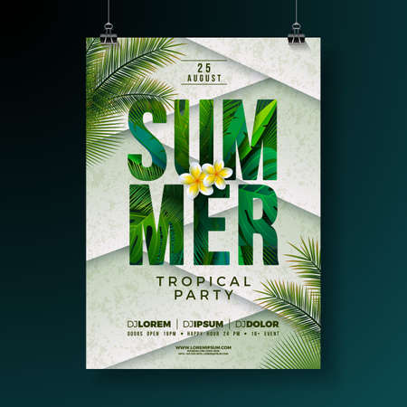Vector Summer Party Flyer Design with Flower and Tropical Palm Leaves on Abstract Background. Summer Holiday Illustration with Exotic Plants and Typography Letter for Banner, Flyer, Invitation or Posterのイラスト素材