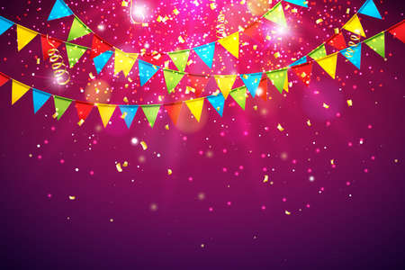 Celebration Vector Illustration with Colorful Party Flag and Falling Confetti on Shiny Violet Background. Holiday Design Template for Birthday Invitation. Greeting Cards or Party Poster.のイラスト素材