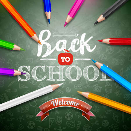Back to school design with colorful pencil and typography lettering on green chalkboard background. Vector education concept illustration with hand drawn doodles for greeting card, banner, flyer, invitation, brochure or promotional poster.のイラスト素材