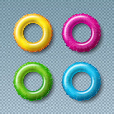 Vector Illustration with Colorful Float Collection Isolated on Transparent Background. Vector Holiday Design Elemets with Inflated Swim Ring or Lifebelt Set for Banner, Flyer, Invitation, Brochure, Party Poster or Greeting Card.のイラスト素材
