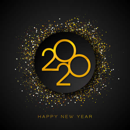 2020 Happy New Year illustration with gold number and falling confetti on black background. Vector...