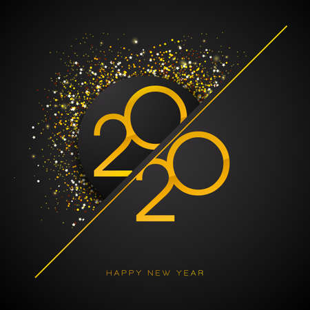 2020 Happy New Year illustration with gold number and falling confetti on black background. Vector Holiday design for flyer, greeting card, banner, celebration poster, party invitation or calendar.のイラスト素材