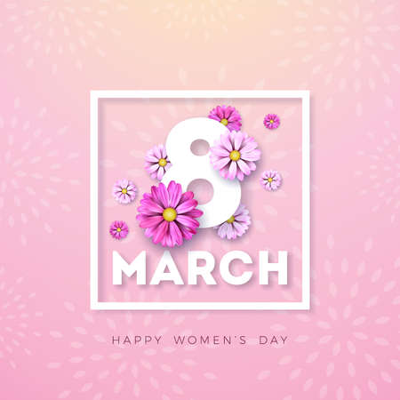 8 March. Happy Womens Day Floral Greeting card. International Holiday Illustration with Flower...