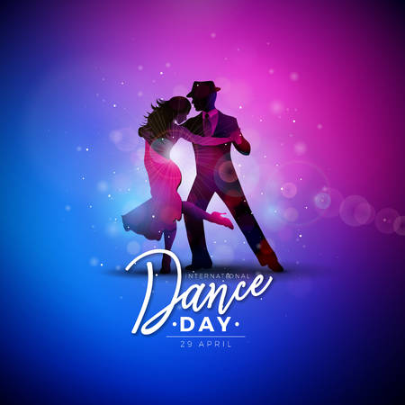 International Dance Day Vector Illustration with tango dancing couple on shiny colorful background. Design template for banner, flyer, invitation, brochure, poster or greeting card.のイラスト素材