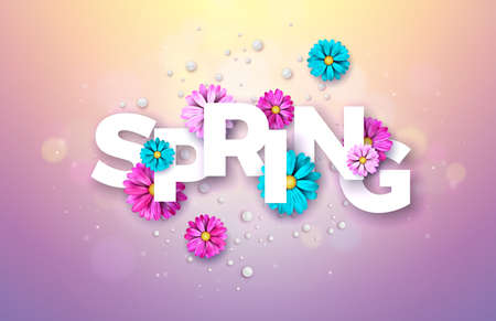 Spring Nature Design with Beautiful Colorful Flower on Shiny Violet Background. Vector Floral Illustration Template with Typography Letter for Banner, Flyer, Invitation, Poster or Greeting Card.のイラスト素材