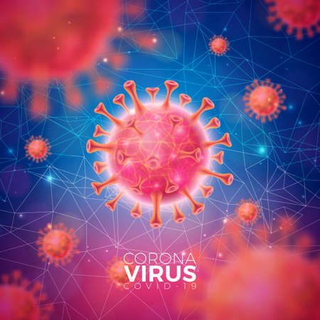 Covid-19. Coronavirus Outbreak Design with Red Virus Cell in Microscopic View on Blue Background. Vector Illustration Template on Dangerous SARS Epidemic Theme for Promotional Banner or Flyer.のイラスト素材