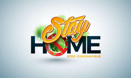Stay Home. Stop Coronavirus Design with Covid-19 Virus in Microscopic View on Light Background. Vector 2019-ncov Corona Virus Outbreak Illustration on Dangerous SARS Epidemic Theme for Banner.のイラスト素材