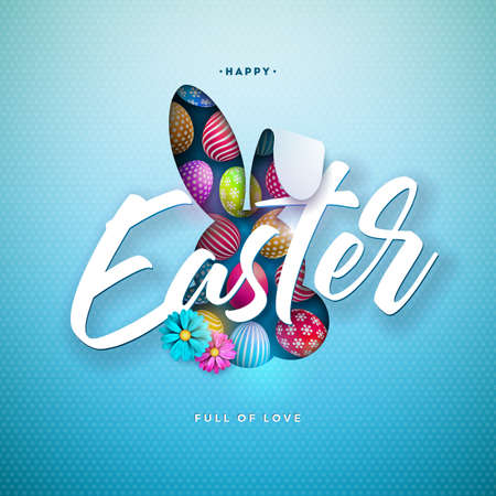 Happy Easter Illustration with Colorful Painted Egg and Rabbit Ears on Blue Background. Holiday Celebration Vector Design with Flower for Greeting Card, Party Invitation or Promo Banner.のイラスト素材