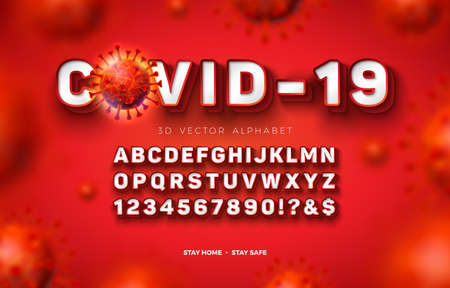 Vector 3d Alphabet Font with Frame and Shadow for Covid-19 Virus Outbreak on Red Background. Modern Coronavirus Typeface Design Collection with Layered Separated ABC, Number and Special Characters..のイラスト素材
