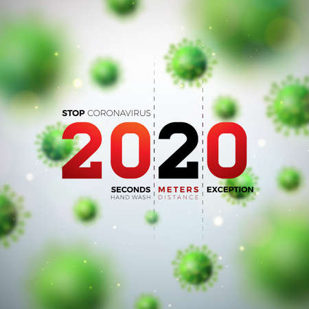 2020 Stop Coronavirus Design with Falling Covid-19 Virus Cell on Light Background. Vector 2019-ncov  Virus Outbreak Illustration. Stay Home, Stay Safe, Wash Hand and Distancing.のイラスト素材