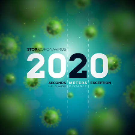 2020 Stop Coronavirus Design with Falling Covid-19 Virus Cell on Blue Background. Vector 2019-ncov  Virus Outbreak Illustration. Stay Home, Stay Safe, Wash Hand and Distancing.のイラスト素材