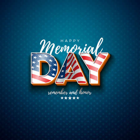 Memorial Day of the USA Vector Design Template with American Flag in 3d Letter on Light Star Pattern Background. National Patriotic Celebration Illustration for Banner, Greeting Card or Holiday Poster.のイラスト素材