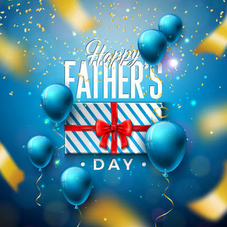 Happy Fathers Day Greeting Card Design with Gift Box and Falling Confetti on Shiny Blue Background. Vector Celebration Illustration for Dad. Template for Banner, Flyer, Invitation, Brochure, Poster.のイラスト素材