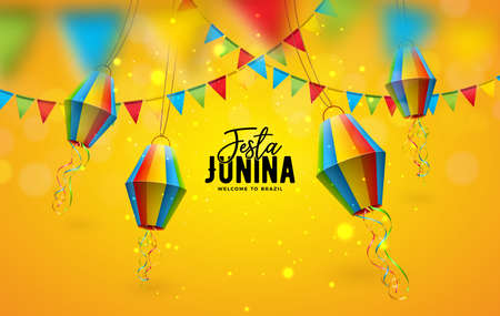 Festa Junina Illustration with Party Flags and Paper Lantern on Yellow Background. Vector Brazil June Festival Design for Greeting Card, Invitation or Holiday Poster.のイラスト素材