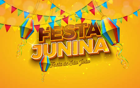 Festa Junina Illustration with Party Flags, Paper Lantern and 3d Letter on Yellow Background. Vector...