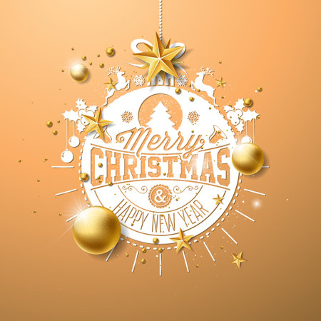 Merry Christmas and Happy New Year Illustration with Gold Glass Ball, Star and Typography Elements on Beige Background. Vector Holiday Season Design for Greeting Card, Party Invitation or Promo Bannerのイラスト素材