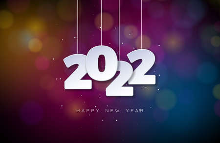 2022 Happy New Year Illustration with White Cutout Number on Colorful Shiny Background. Vector Christmas Holiday Season Design for Flyer, Greeting Card, Banner, Celebration Poster, Party Invitation or Calendarのイラスト素材