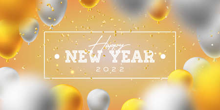 2022 Happy New Year Illustration with Falling Confetti and Party Balloons on Bright Background. Vector Christmas Holiday Season Design with Typography Lettering for Flyer, Greeting Card, Banner, Celebration Poster, Invitation or Calendarのイラスト素材