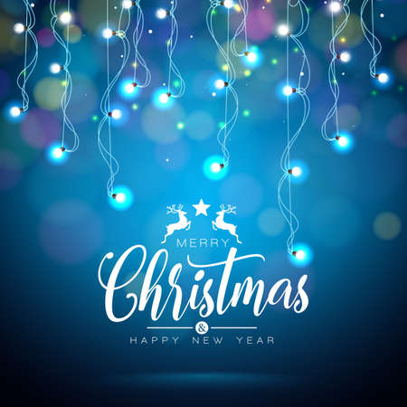 Christmas and New Year Illustration with Glowing Colorful Lights Garland on Shiny Blue Background. Vector Xmas Holiday Season Design for Greeting Card, Party Invitation or Promo Banner.のイラスト素材