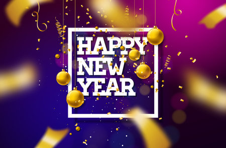 Happy New Year 2022 Illustration with Typography Letter, Christmas Ball and Falling Confetti on Colorful Blurry Background. Vector Christmas Holiday Season Design for Flyer, Greeting Card, Banner, Celebration Poster, Party Invitation or Calendarのイラスト素材