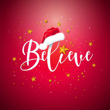 Believe in Santa. Merry Christmas and Happy New Year Illustration with Handwrited Letter Elements on Red Background. Vector Holiday Design for Flyer, Greeting Card, Banner, Celebration Poster or Party Invitationのイラスト素材