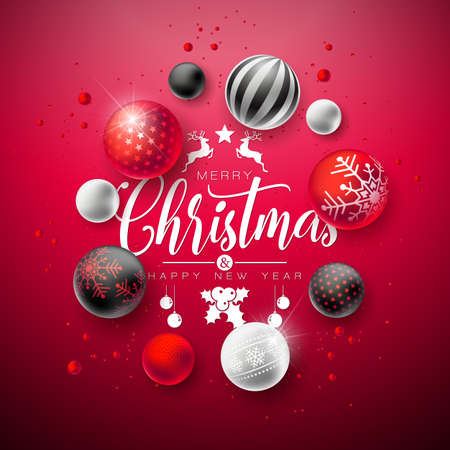 Merry Christmas and Happy New Year Illustration with Colorful Glass Ball and Typography Letter on Red Background. Vector Holiday Season Design for Greeting Card, Party Invitation or Promo Banner.のイラスト素材