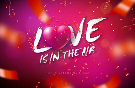 Love is in the Air. Valentines Day Design with Heart and Falling Confetti on Shiny Red Background. Vector Wedding and Romantic Valentine Theme Illustration for Flyer, Greeting Card, Banner, Holiday Poster or Party Invitationのイラスト素材