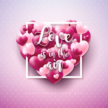 love is in the Air. Happy Valentines Day Design with Typography Letter and Colorful Heart on Light Pink Background. Vector Wedding and Romantic Love Valentine Theme Illustration for Flyer, Greeting Card, Banner, Holiday Poster or Party Invitationのイラスト素材