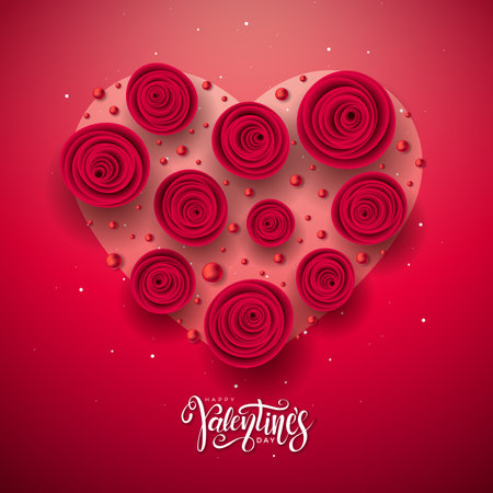 Happy Valentines Day Design with Roses Flower in a Heart Shape and Handwriting Typography Letter on Red Background. Vector Love, Wedding and Romantic Valentine Theme Illustration for Flyer, Greeting Card, Banner, Holiday Poster or Party Invitationのイラスト素材