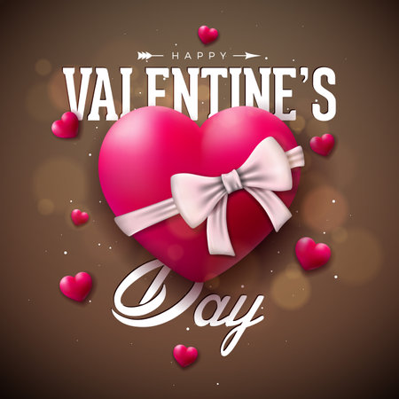 Happy Valentines Day Design with Red Heart, White Bow and Typography Letter on Shiny Brown Background. Vector Wedding and Romantic Love Valentine Theme Illustration for Flyer, Greeting Card, Banner, Holiday Poster or Party Invitationのイラスト素材