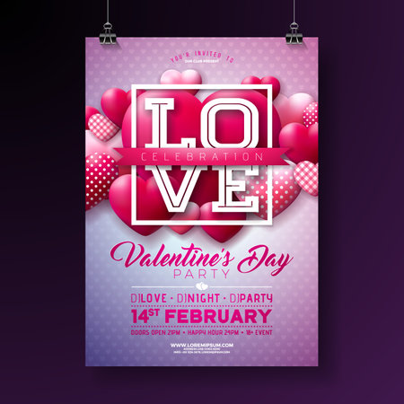 Vector Valentines Day Party Flyer Design with Love Letter, Red and White Pattern Heart on Violet Pink Background. Vector Saint Valentine Day Romantic Love Celebration Design for Flyer, Greeting Card, Banner, Holiday Poster or Party Invitationのイラスト素材