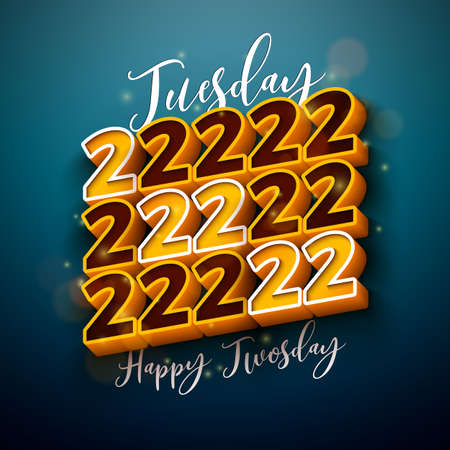 Happy Twosday Illustration with Tuesday Letter and 3d 2-22-22 Number on YDark Blue Background....