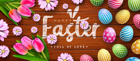 Vector Illustration of Happy Easter Holiday with Colorful Painted Egg, Tulip and Spring Flower on Vintage Wood Background. Easter Day Celebration Design with Typography Letter for Flyer, Greeting Card, Banner, Holiday Poster or Party Invitationのイラスト素材