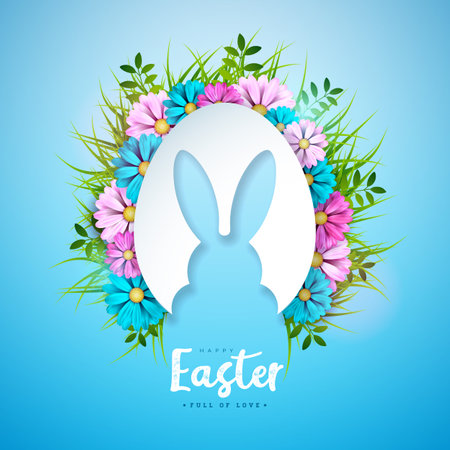 Vector Illustration of Happy Easter Holiday with Rabbit in Egg Shape and Spring Flower on Shiny Light Blue Background. Easter Day Celebration Design with Typography Letter for Flyer, Greeting Card, Banner, Holiday Poster or Party Invitationのイラスト素材