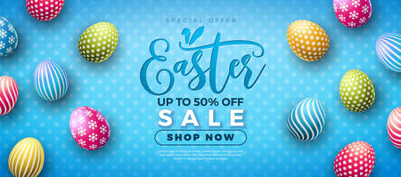 Easter Sale Illustration with Colorful Painted Egg on Blue Background. Vector Easter Holiday Design Template for Coupon, Web Banner, Voucher or Promotional Poster.のイラスト素材