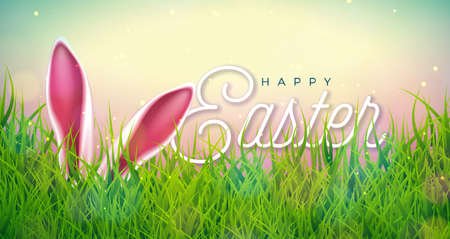 Vector Happy Easter Holiday Illustration with Rabbit Ears on Nature Grass Background. International...