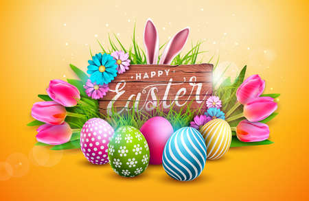 Vector Happy Easter Holiday Illustration withPainted Egg, Tulip and Spring Flower on Yellow Background. Easter Day Holiday Design for Flyer, Greeting Card, Banner, Poster or Party Invitation.のイラスト素材