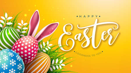 Happy Easter Illustration with Colorful Painted Egg and Rabbit Ears on Yellow Background. Vector...