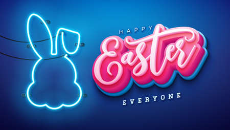 Happy Easter Illustration with Glowing Neon Light and 3d Typography Letter on Blue Background. Vector Easter Day Holiday Design for Flyer, Greeting Card, Banner, Holiday Poster or Party Invitation.のイラスト素材