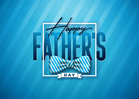 Happy Fathers Day Greeting Card Design with Striped Bow Tie and Lettering on Blue Background. Vector Celebration Illustration for Dad. Template for Banner, Flyer or Poster.のイラスト素材