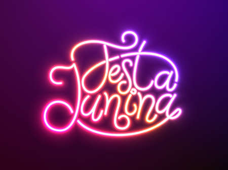 Festa Junina Illustration with Glowing Neon Light Lettering on Violet Background. Vector Brazil Saint John June Festival Design for Greeting Card, Banner or Holiday Poster.のイラスト素材