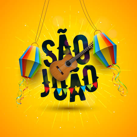 Festa Junina Illustration with Acoustic Guitar, Party Flags and Paper Lantern on Yellow Background....